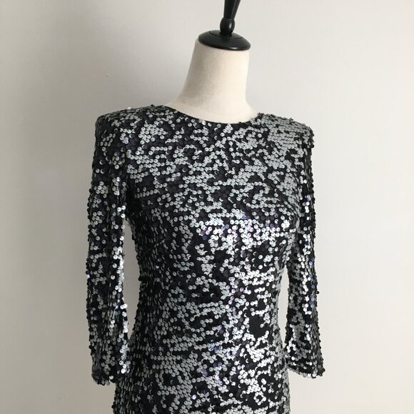 FRENCH CONNECTION Black White Sequined Structured Shoulder Long Sleeve Dress - Picture 7 of 10